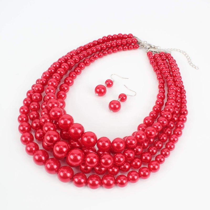 KOSMOS-LI Multi Layer Pearl Strand Necklace Bracelet And Earring Faux Red Pearl Jewelry Set For Women - Image 4
